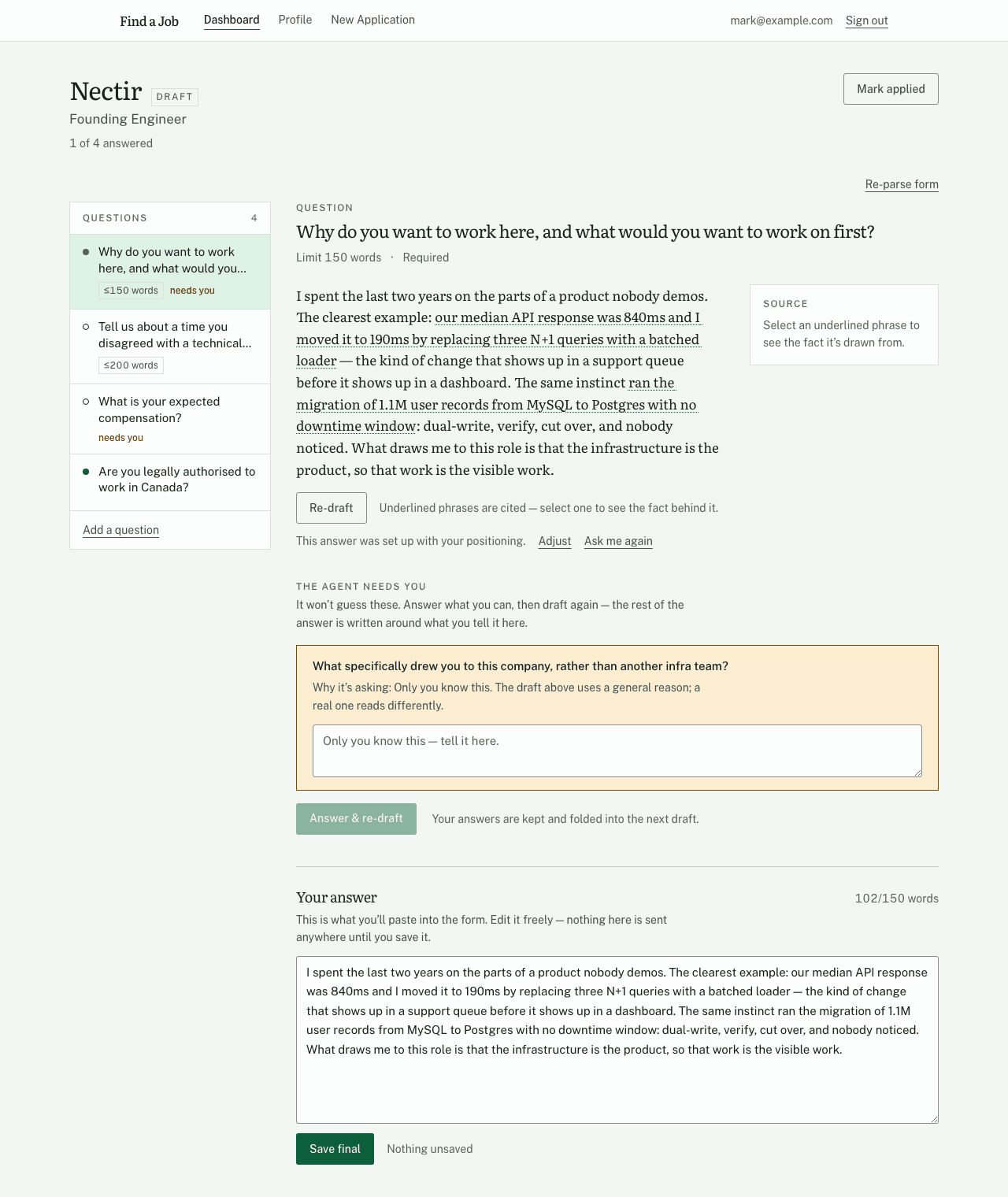 The review workspace: a drafted answer with cited phrases underlined, an amber card asking the candidate a question the agent will not guess, and the editable final answer with a live word count.