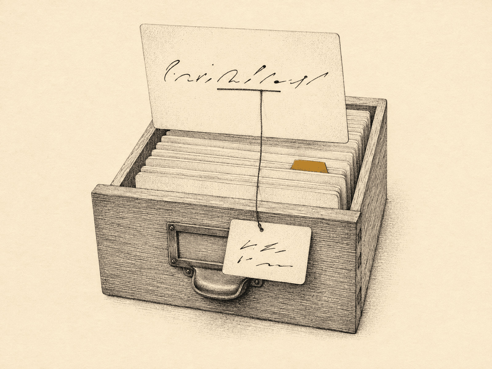 An index-card drawer with one card pulled out; a sentence on it has one phrase underlined, and a thread runs from that phrase to a second card carrying the source.